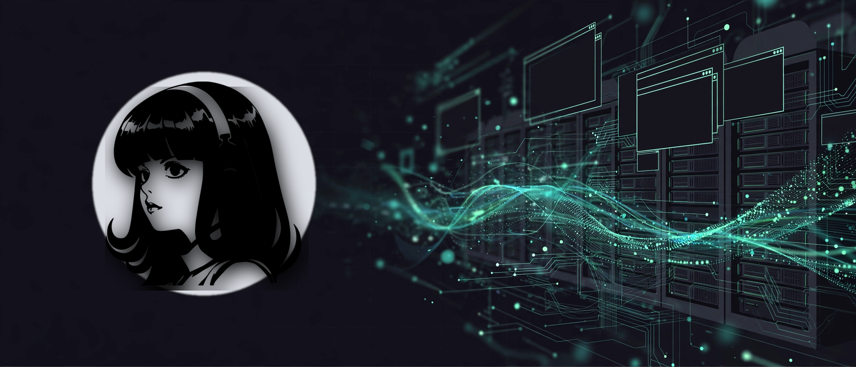 Monochrome character portrait beside glowing cyan data streams and server infrastructure