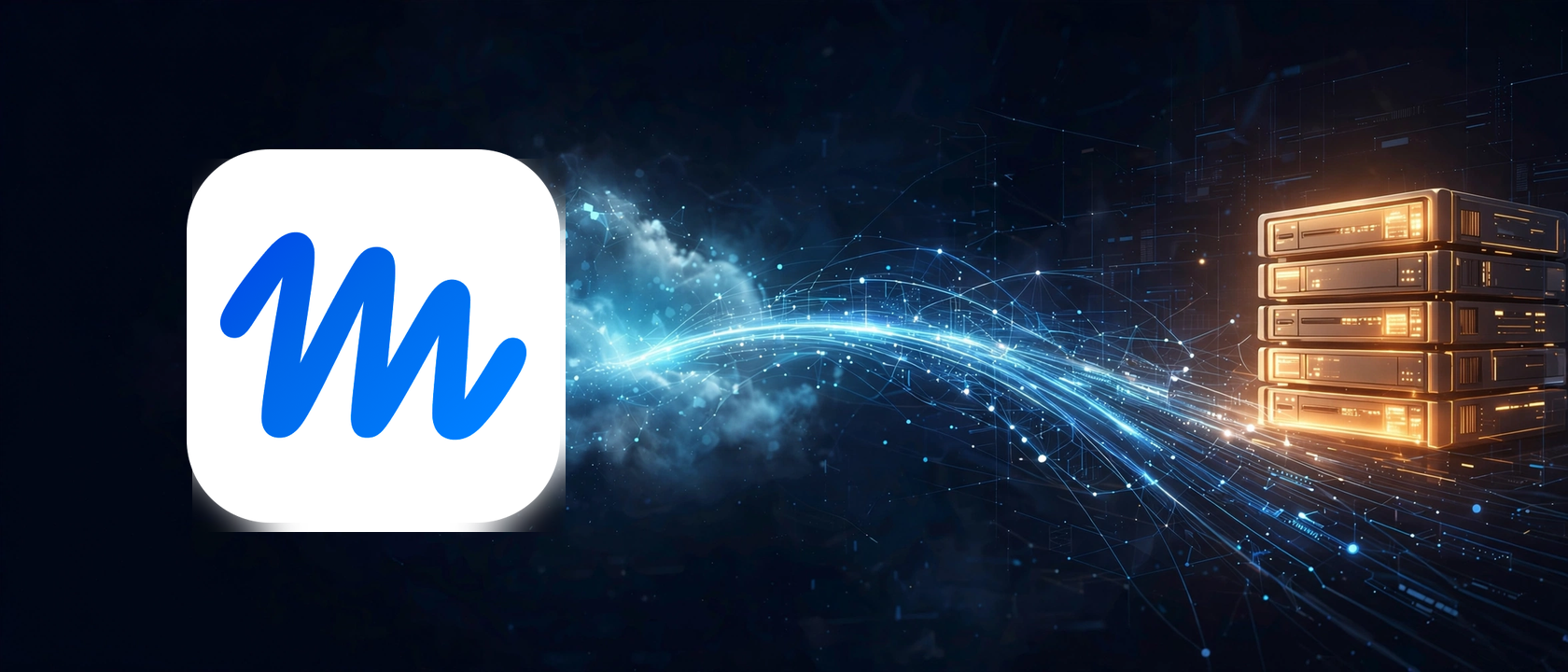 Blue Muse app icon connected by glowing data streams to illuminated servers