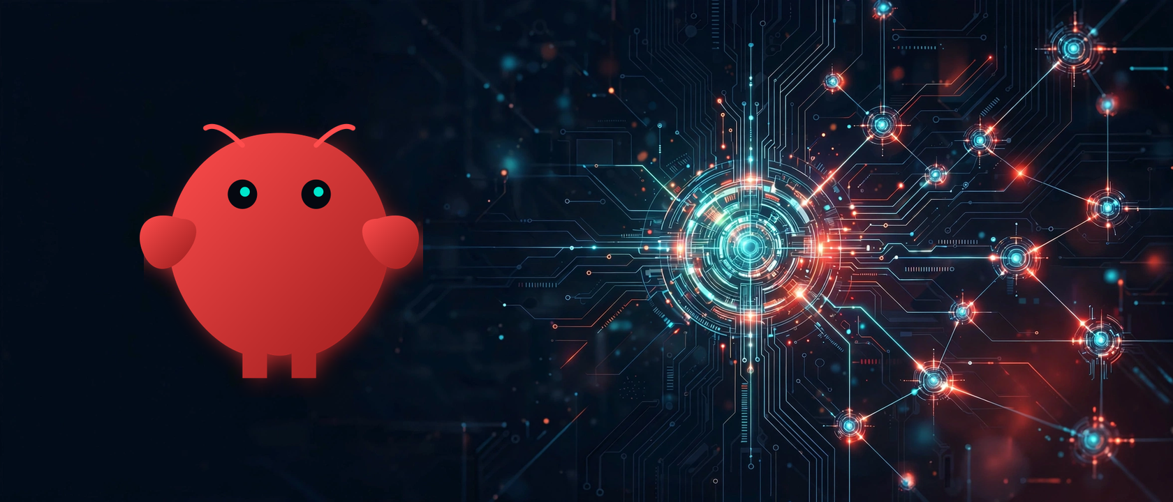 Red OpenClaw mascot beside a glowing blue and orange network of circuit nodes